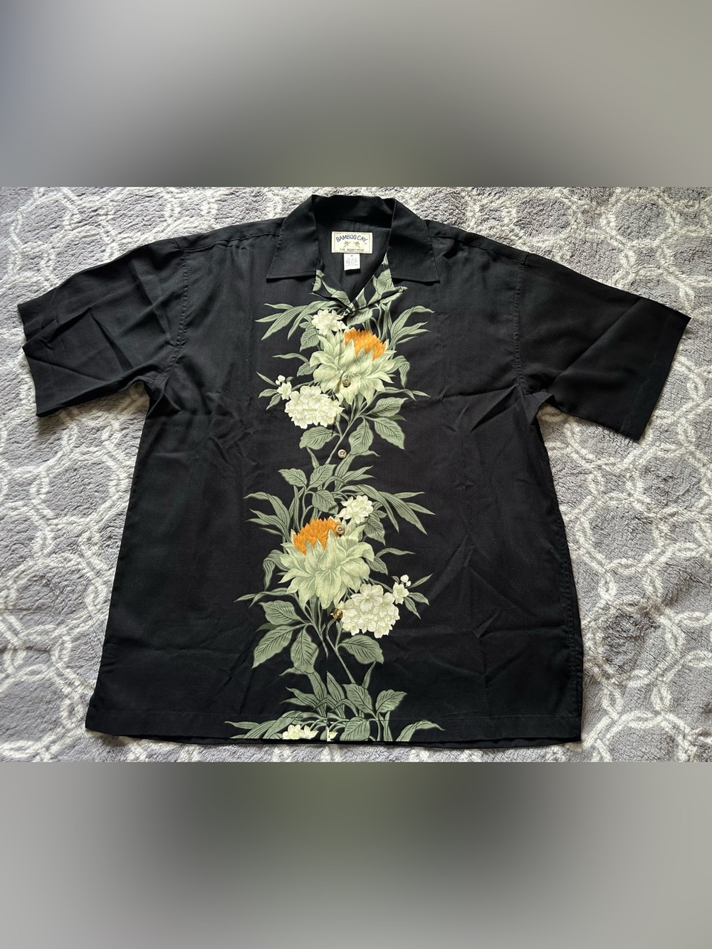Bamboo Cay Tropical Floral Camp Shirt Black with Green & Orange Accents Men’s M